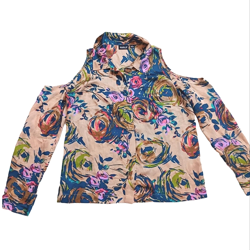 Allen B Womens Top Large Brown Floral Open Shoulder Collared Button Up Blouse